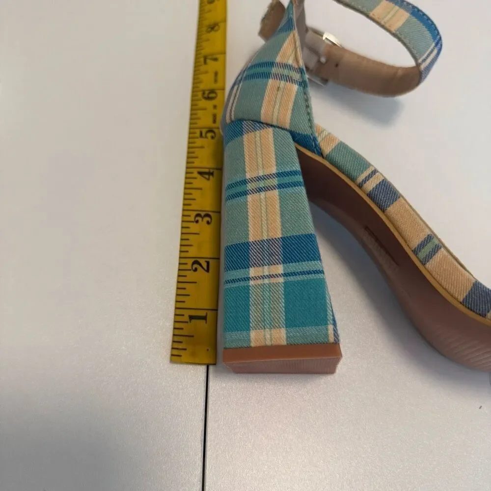 Dolls Kill Mojito Just Flawless Blue & Yellow Plaid Block Heel Sandals Sz 5/6